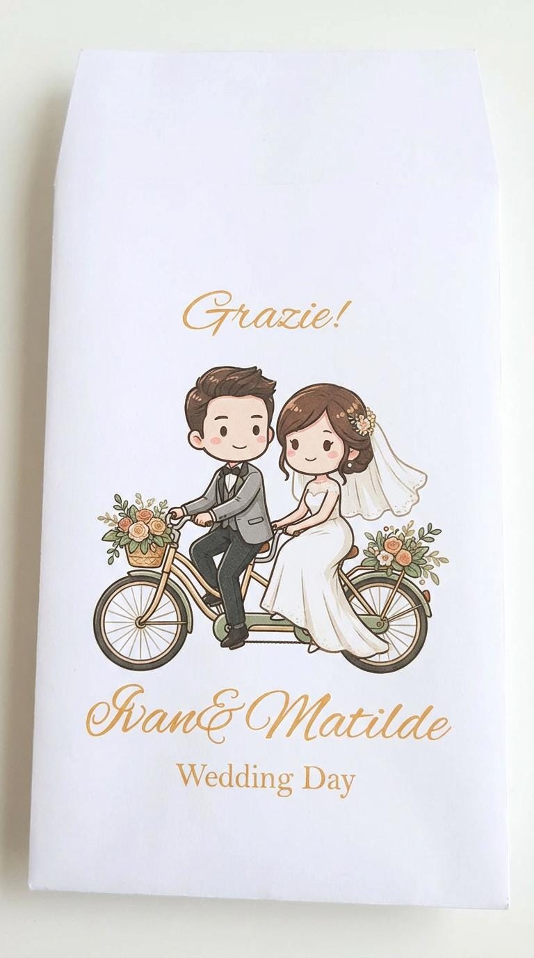 sacchetto per i confetti personalizzato con nomi e data. stampato con un illustrazione di due sposini in bicicletta