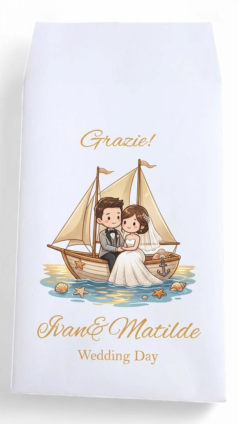 Sacchetti matrimonio per confetti personalizzate, Confettata di nozze sposini anniversario, sposi sportivi, calcio. Sposini con gatto e cane