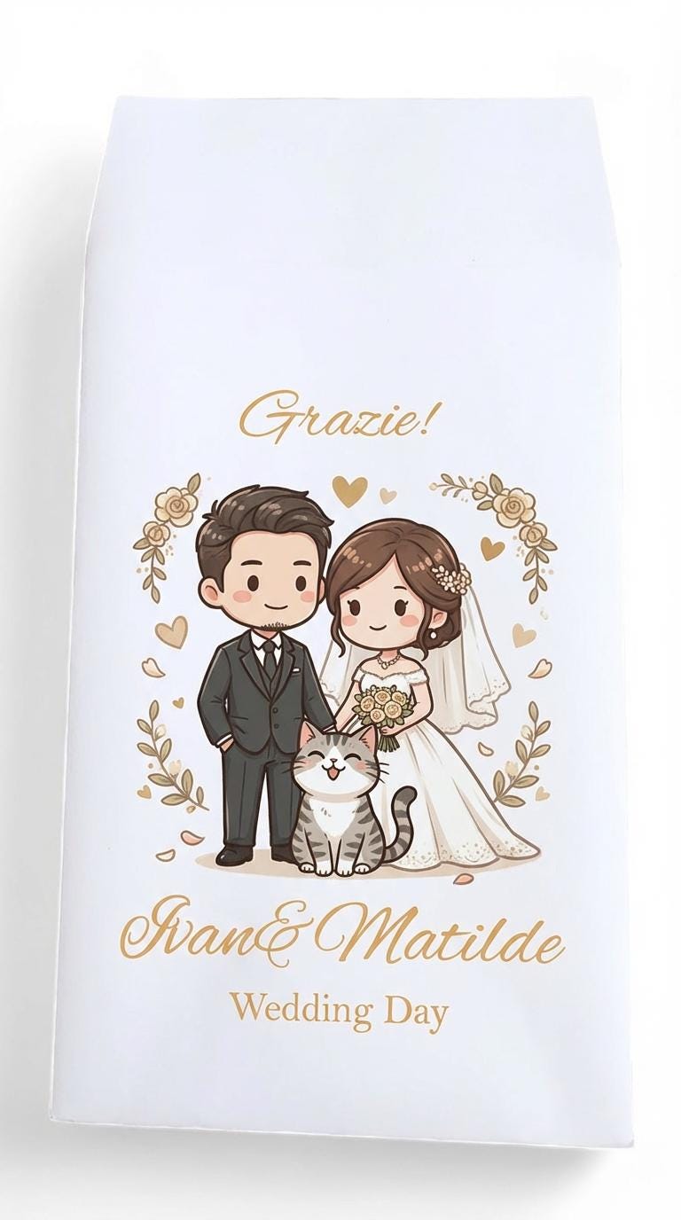 Sacchetti matrimonio per confetti personalizzate, Confettata di nozze sposini anniversario, sposi sportivi, calcio. Sposini con gatto e cane