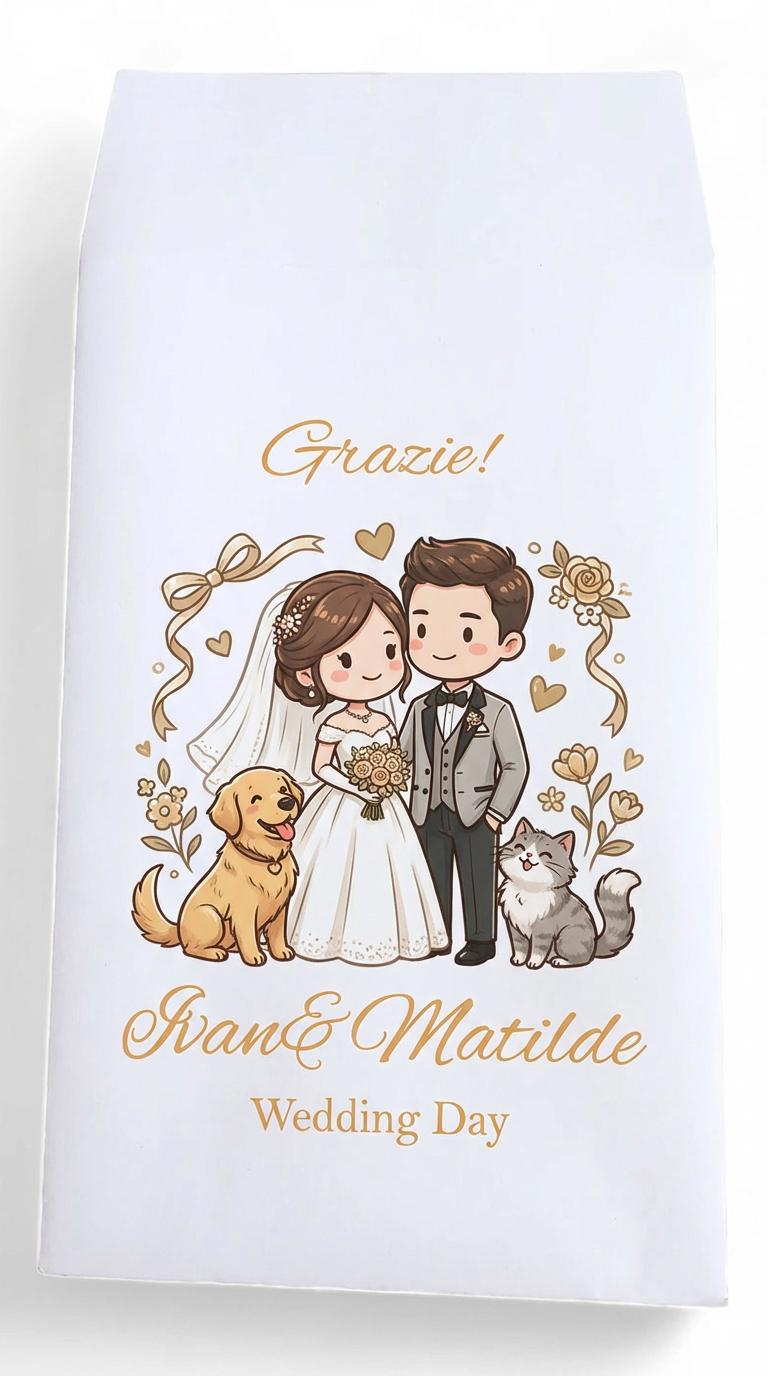 Sacchetti matrimonio per confetti personalizzate, Confettata di nozze sposini anniversario, sposi sportivi, calcio. Sposini con gatto e cane