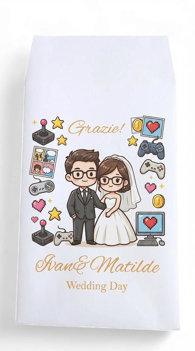 Sacchetti matrimonio per confetti personalizzate, Confettata di nozze sposini anniversario, sposi sportivi, calcio. Sposini con gatto e cane