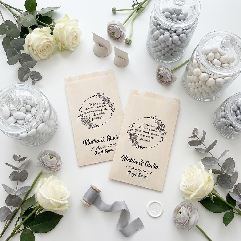 Sacchetti confettata personalizzati, matrimonio, battesimo comunione e cresima, in diversi colori. 50 bustine per confetti colorate stampate