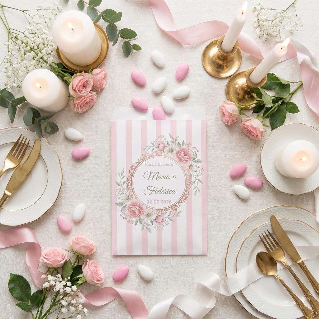GoyStudio 50 sacchetti carta confetti personalizzabili. Bustine bianche con stampa per battesimo matrimonio anniversario occasioni speciali