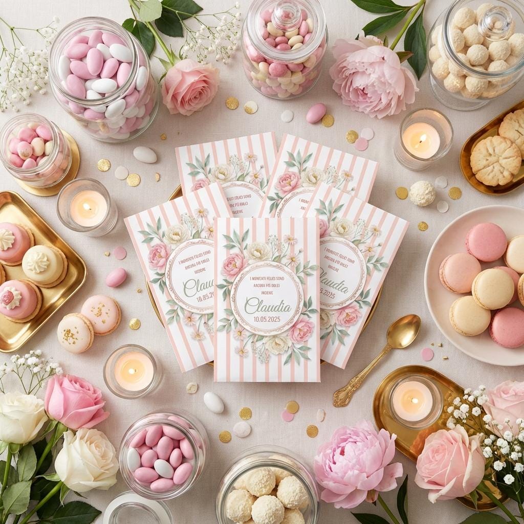 GoyStudio 50 sacchetti carta confetti personalizzabili. Bustine bianche con stampa per battesimo matrimonio anniversario occasioni speciali