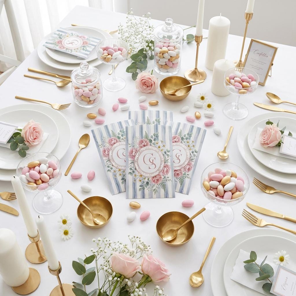 GoyStudio 50 sacchetti carta confetti personalizzabili. Bustine bianche con stampa per battesimo matrimonio anniversario occasioni speciali