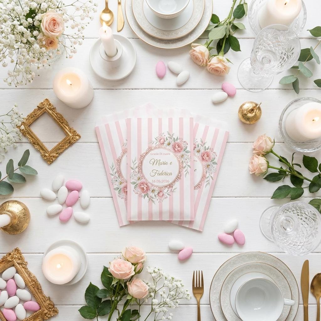 GoyStudio 50 sacchetti carta confetti personalizzabili. Bustine bianche con stampa per battesimo matrimonio anniversario occasioni speciali