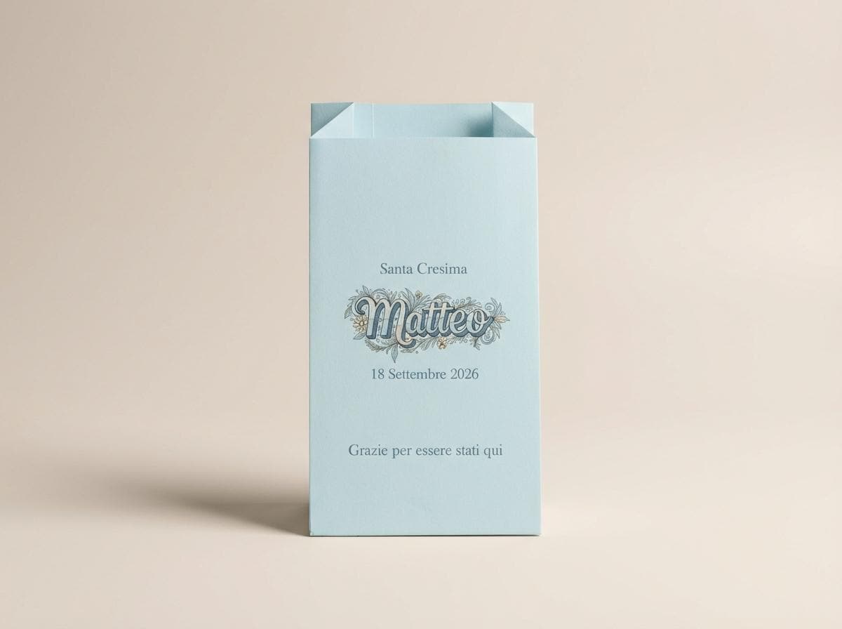 sacchetto per confetti celeste con stampa e testo personalizzato con nome data ed evento. bustina per confettata