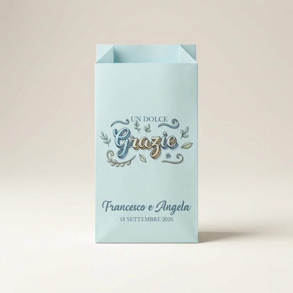 Sacchetto bomboniera celeste personalizzato per confetti, semi e caramelle. Stampa grafica e testo personalizzato.