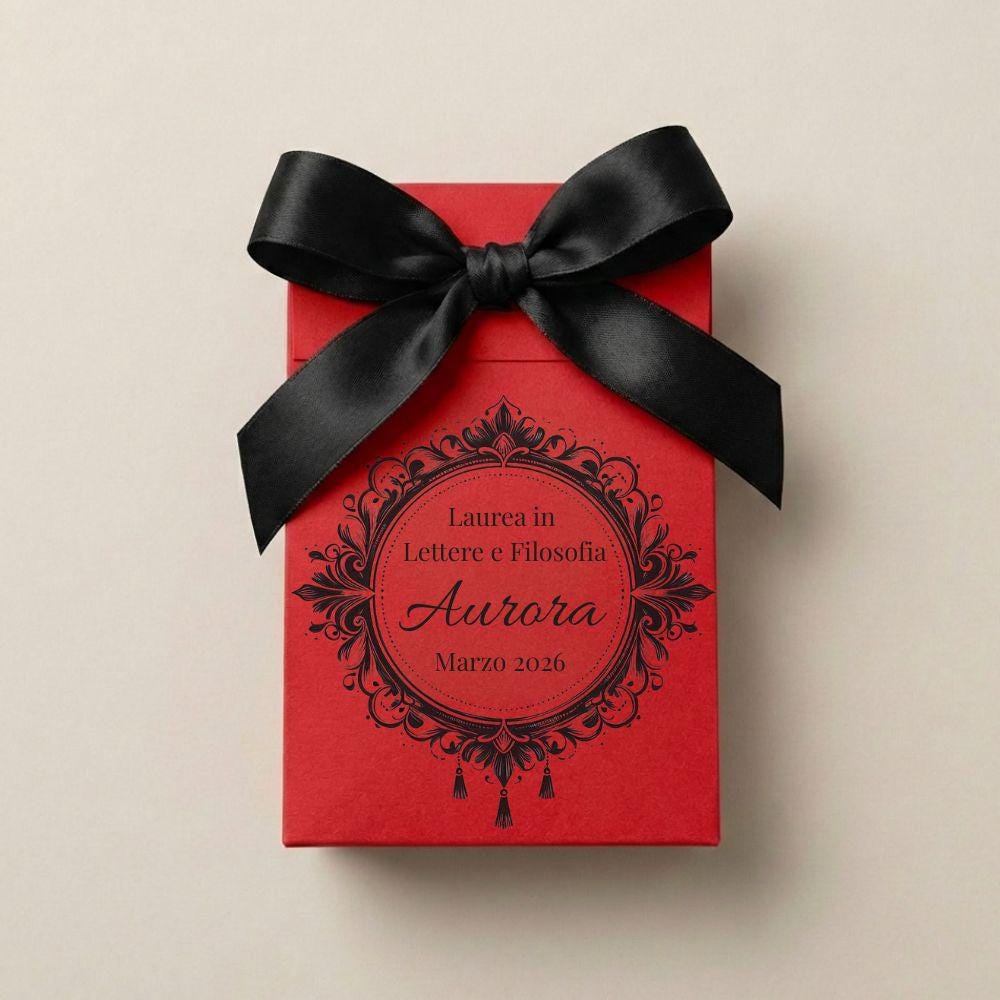 portaconfettiper laurea rosso con fiocco nero e stampa personalizzata