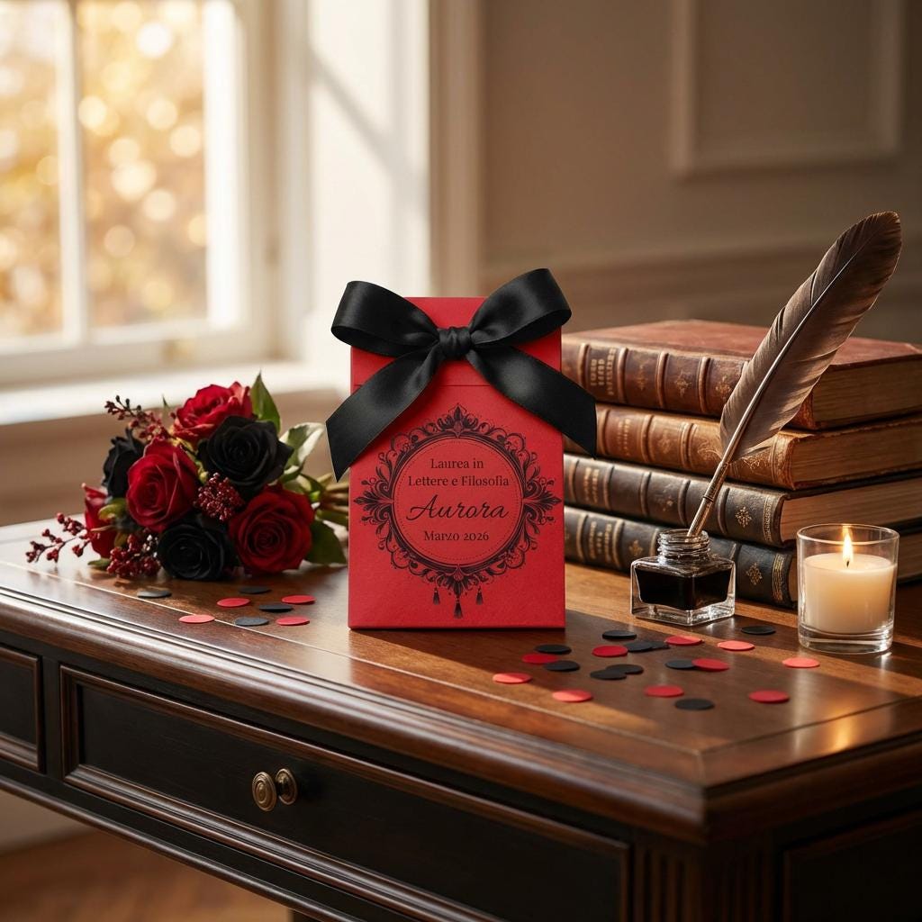 scatolina per confetti laurea in cartoncino rosso con stampa personalizzata elegante con nome e data del laurenado chiusa con un nastro in raso nero .