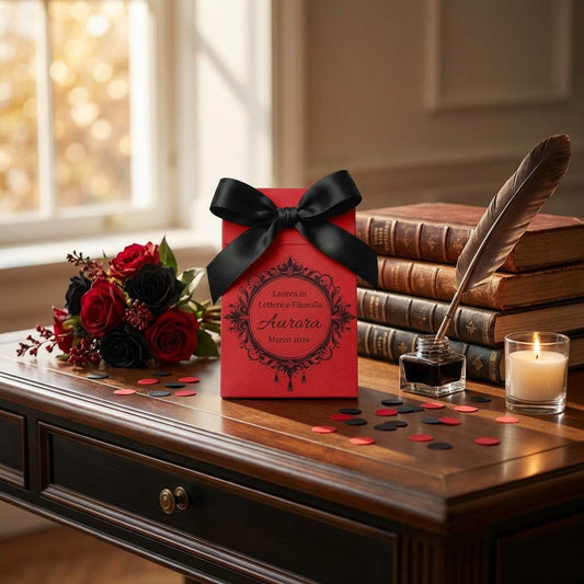 scatolina per confetti laurea in cartoncino rosso con stampa personalizzata elegante con nome e data del laurenado chiusa con un nastro in raso nero .
