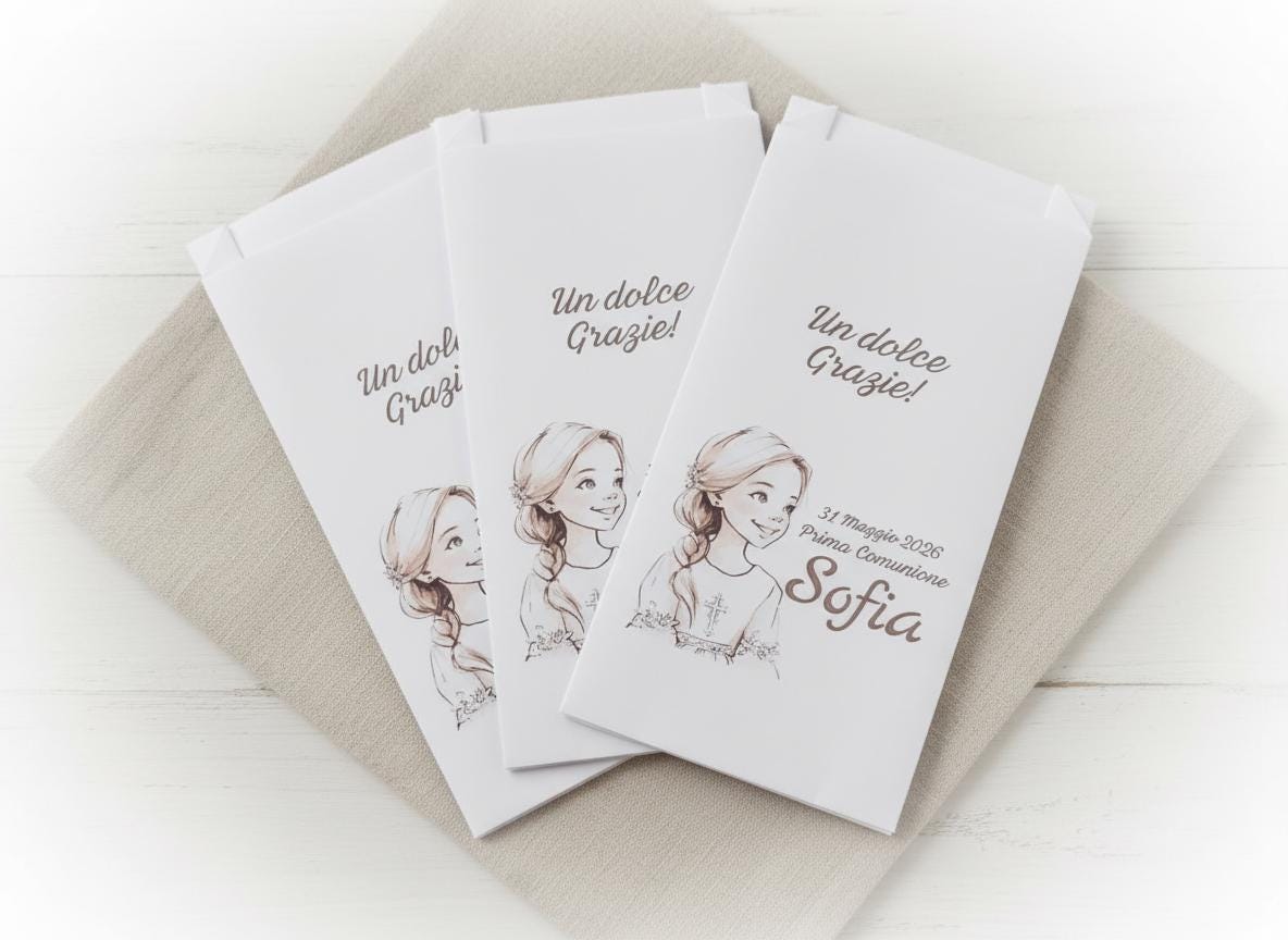 50 Sacchetti in carta, bustine confettata prima comunione bambina. Sacchetto per confetti o caramelle. Bomboniera, fine festa personalizzato