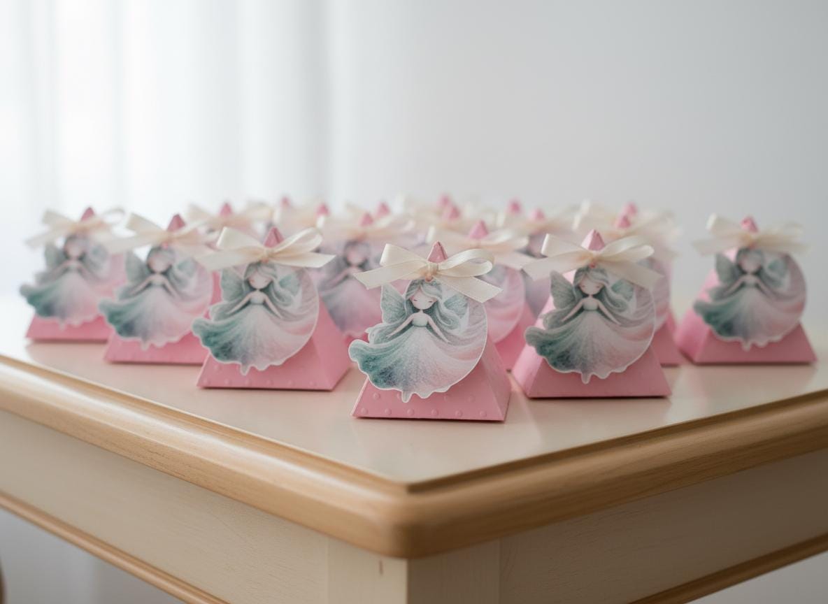 una serie di piccole bomboniere a tema fatina dai toni pastello del rosa e verde acqua 