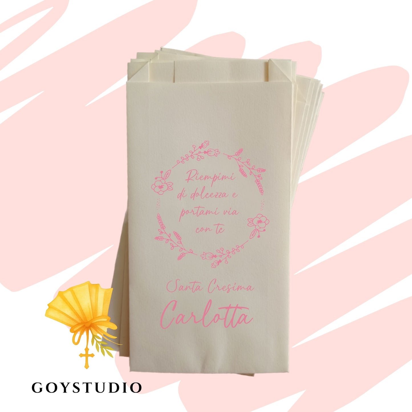 Sacchetti portaconfetti in carta color avorio con personalizzazione e grafica per Cresima in rosa.