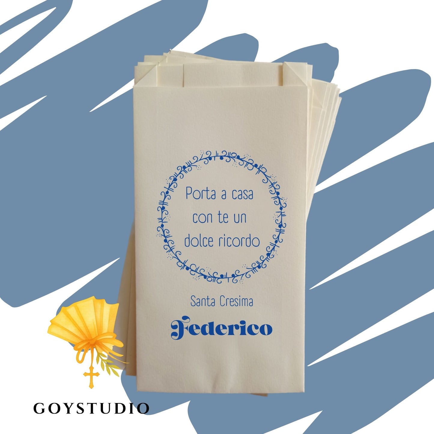 Sacchetti in carta avorio per confettata con ghirlanda e personalizzazione nome per Cresima in blu.