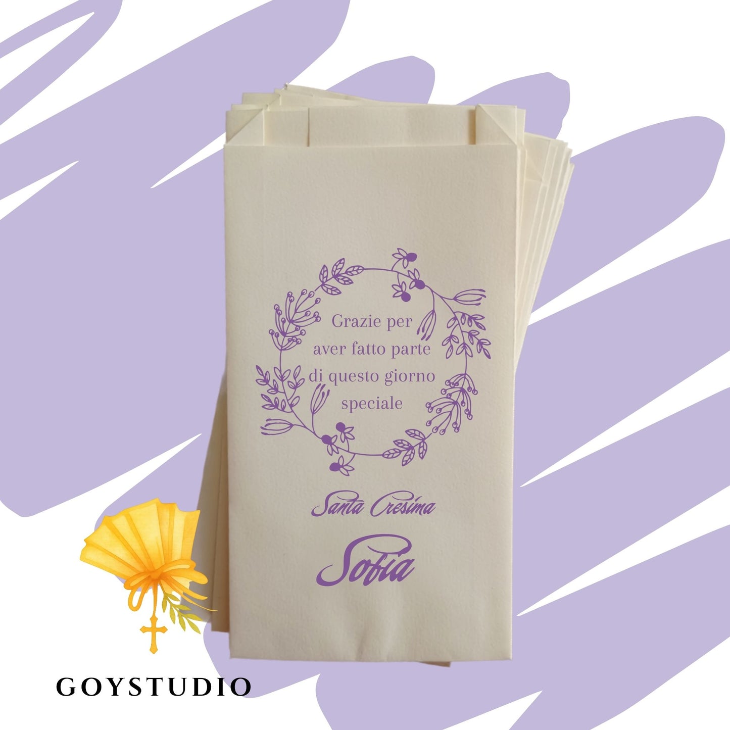 Bustine avorio per confettata di Cresima con stampa personalizzata nei toni del lilla.