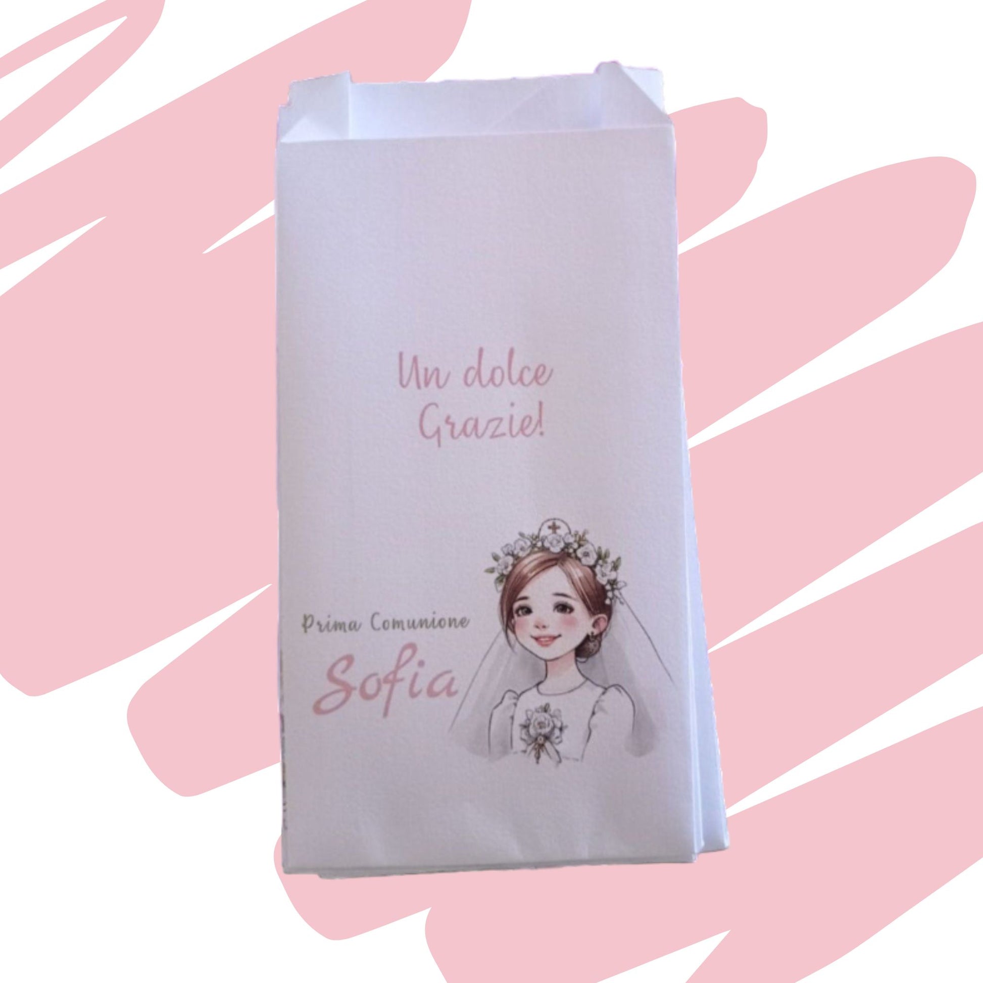 Sacchetto in carta bianco personalizzato per la Prima Comunione di Sofia, decorato con il disegno di una bambina con coroncina di fiori e la scritta "Un dolce Grazie!", posizionato su sfondo rosa pastello
