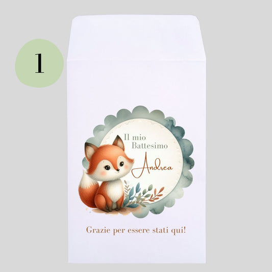 Sacchetto portaconfetti per Battesimo personalizzato con illustrazione di una volpina e dettagli floreali.