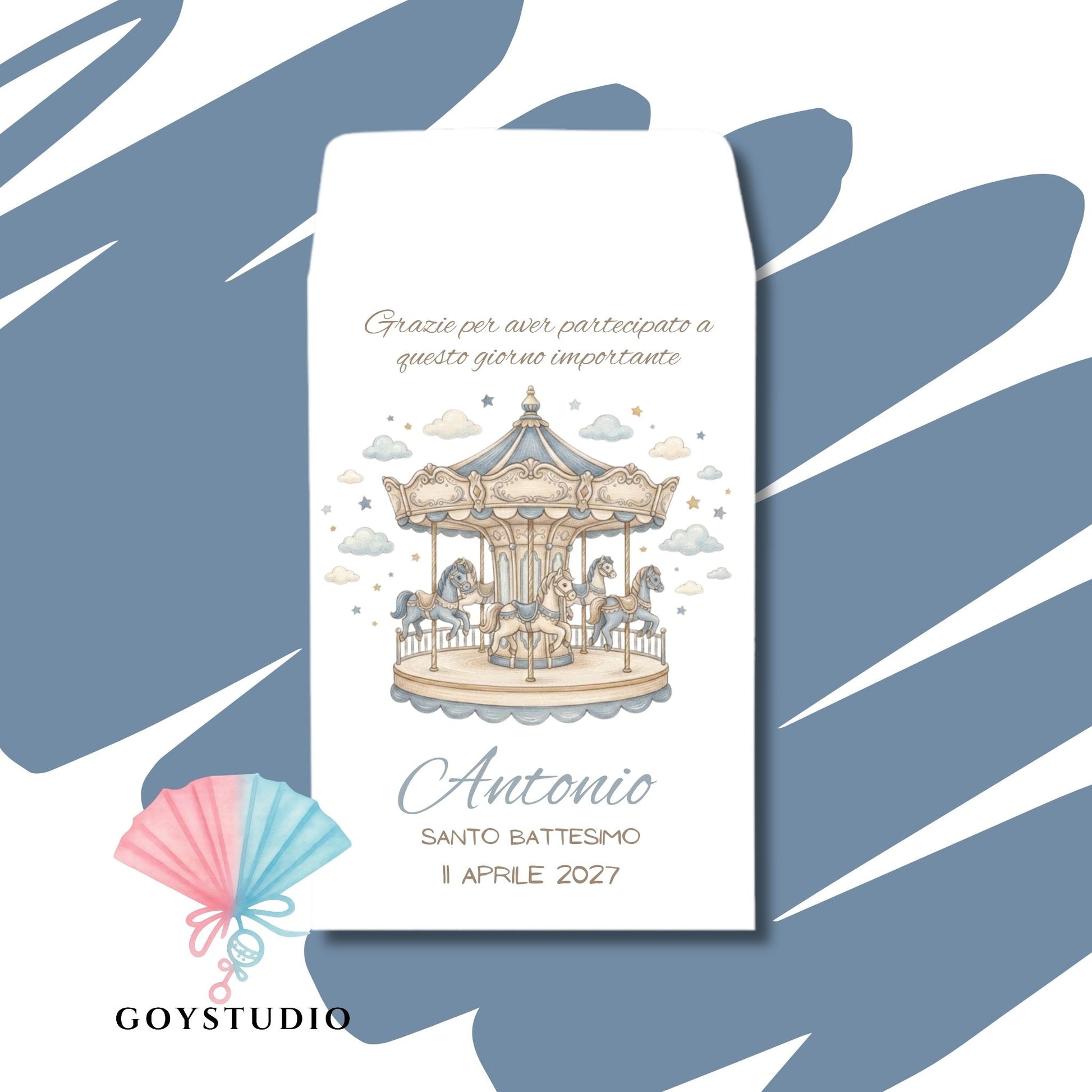 sacchetto di carta per la confettata con stampa carolsello nei colori dell'azzurro polvere e il testo personalizzato