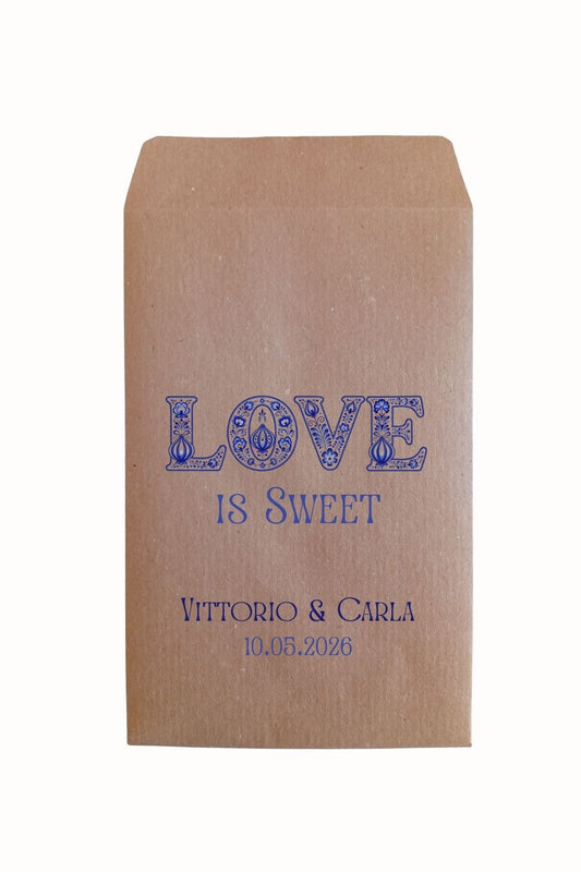 sacchetto carta kraft con stampa Love is Sweet blu decorazione cibulak personalizzato