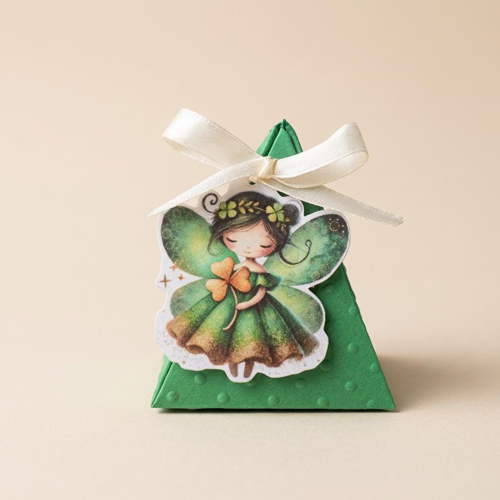 piccola scatolina confetti piramide verde con fatina che tiene tra le mani un quadrifoglio dorato