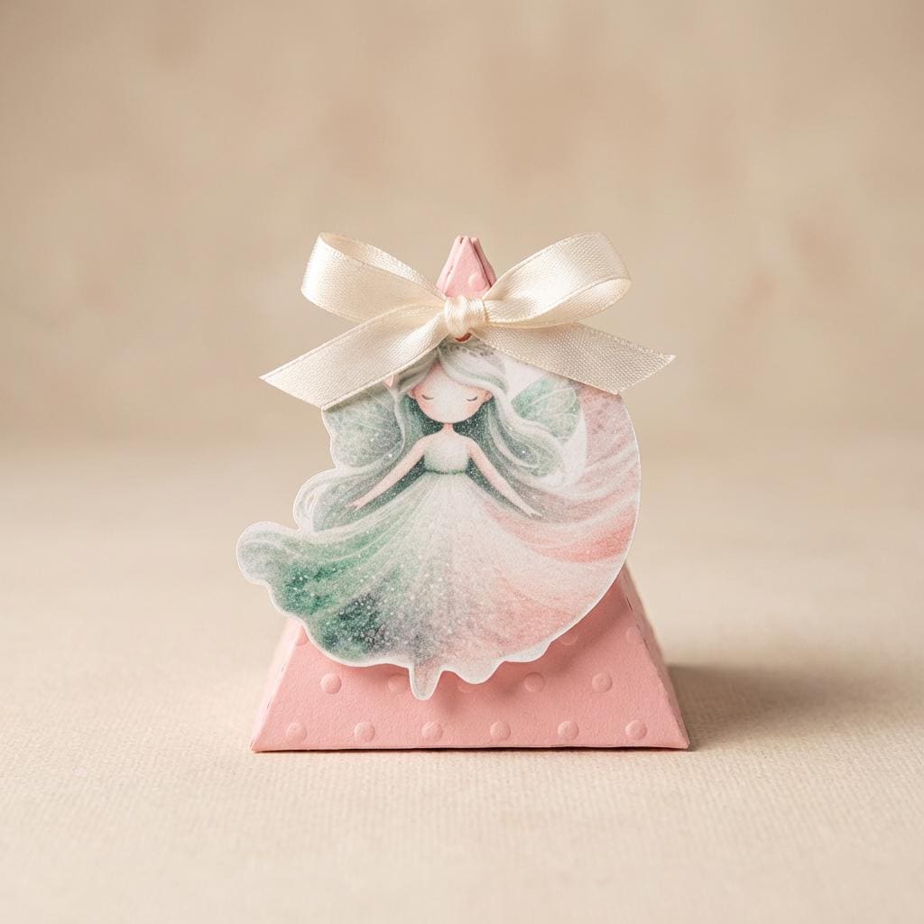 Scatolina portaconfetti a piramide rosa pastello con trama a piccoli punti a rilievo, chiusa da un fiocco e decorata con una fatina fluttuante dal vestito verde e rosa.