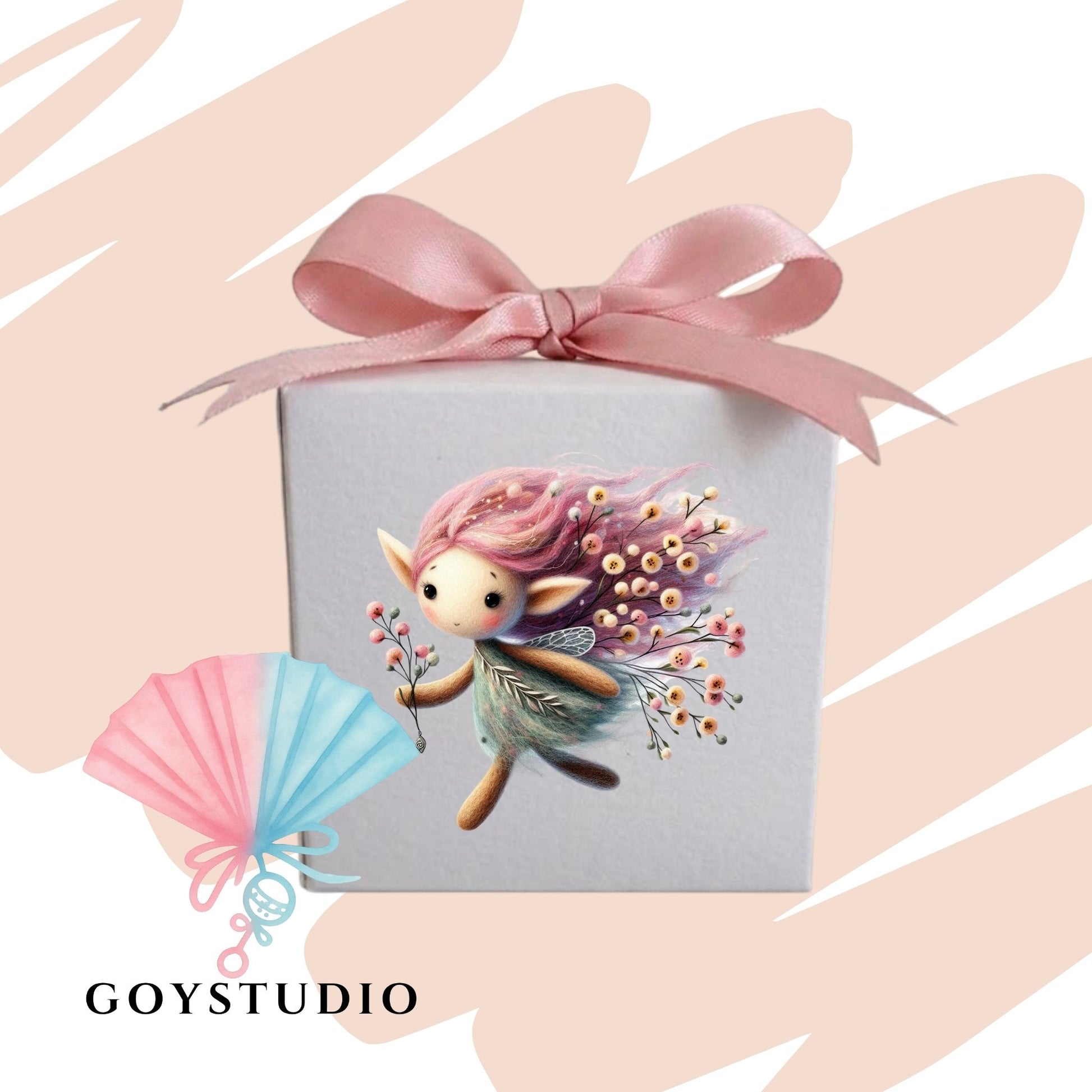 Scatolina portaconfetti per battesimo bambina decorata a mano con fatina Alyssum in tonalità rosa e nastro coordinato.