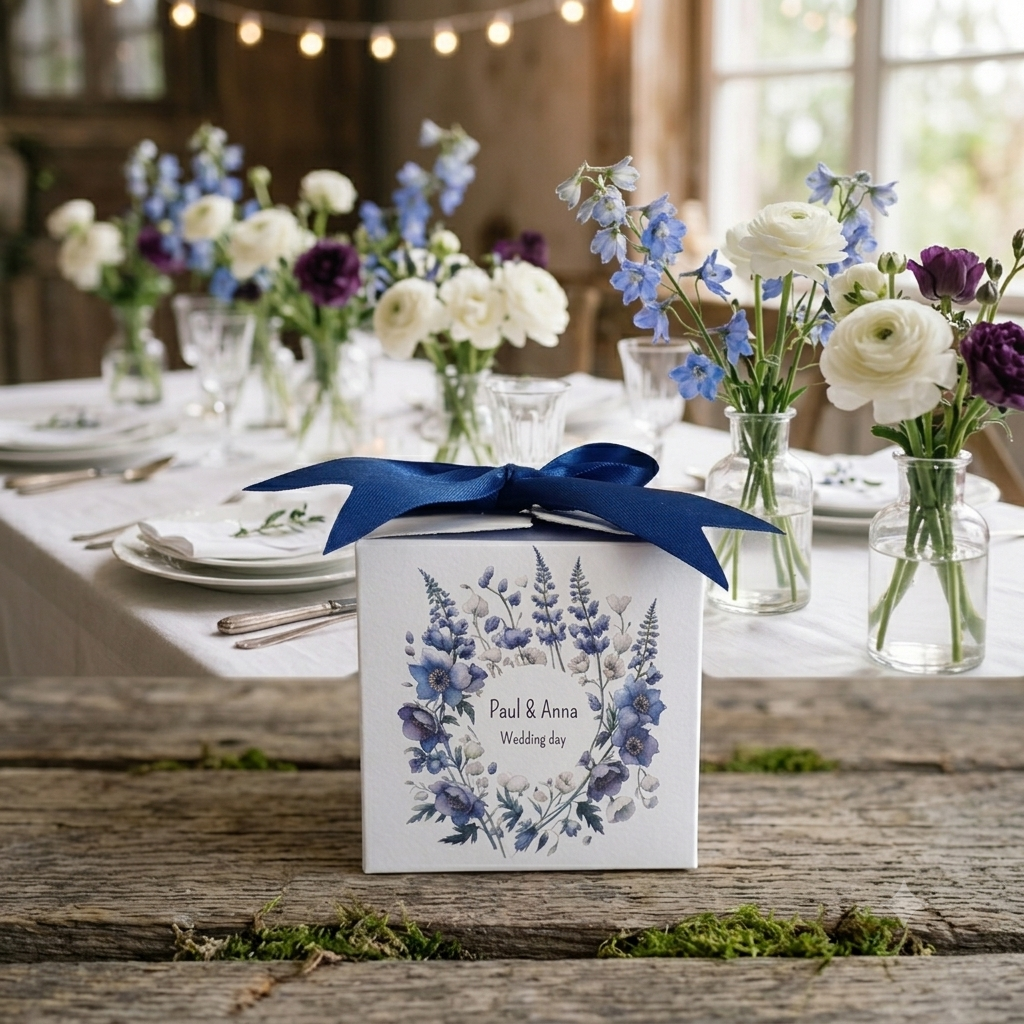 Scatolina portaconfetti per matrimonio in carta bianca con illustrazione acquerello di fiori blu e nastro in raso blu navy.
