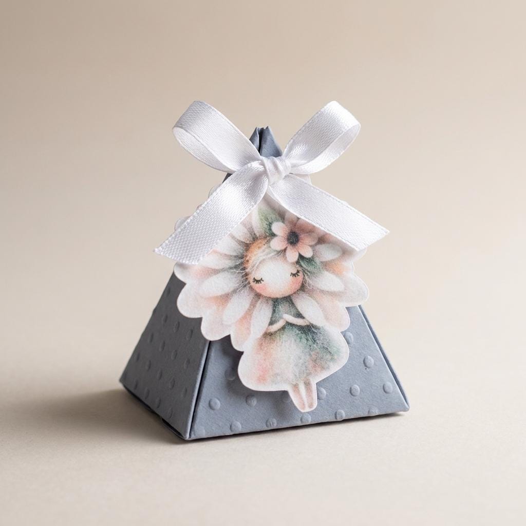 Scatolina portaconfetti a piramide grigio polvere con finitura a rilievo, chiusa da un fiocco in raso bianco e decorata con una fatina dei fiori in stile acquerello.