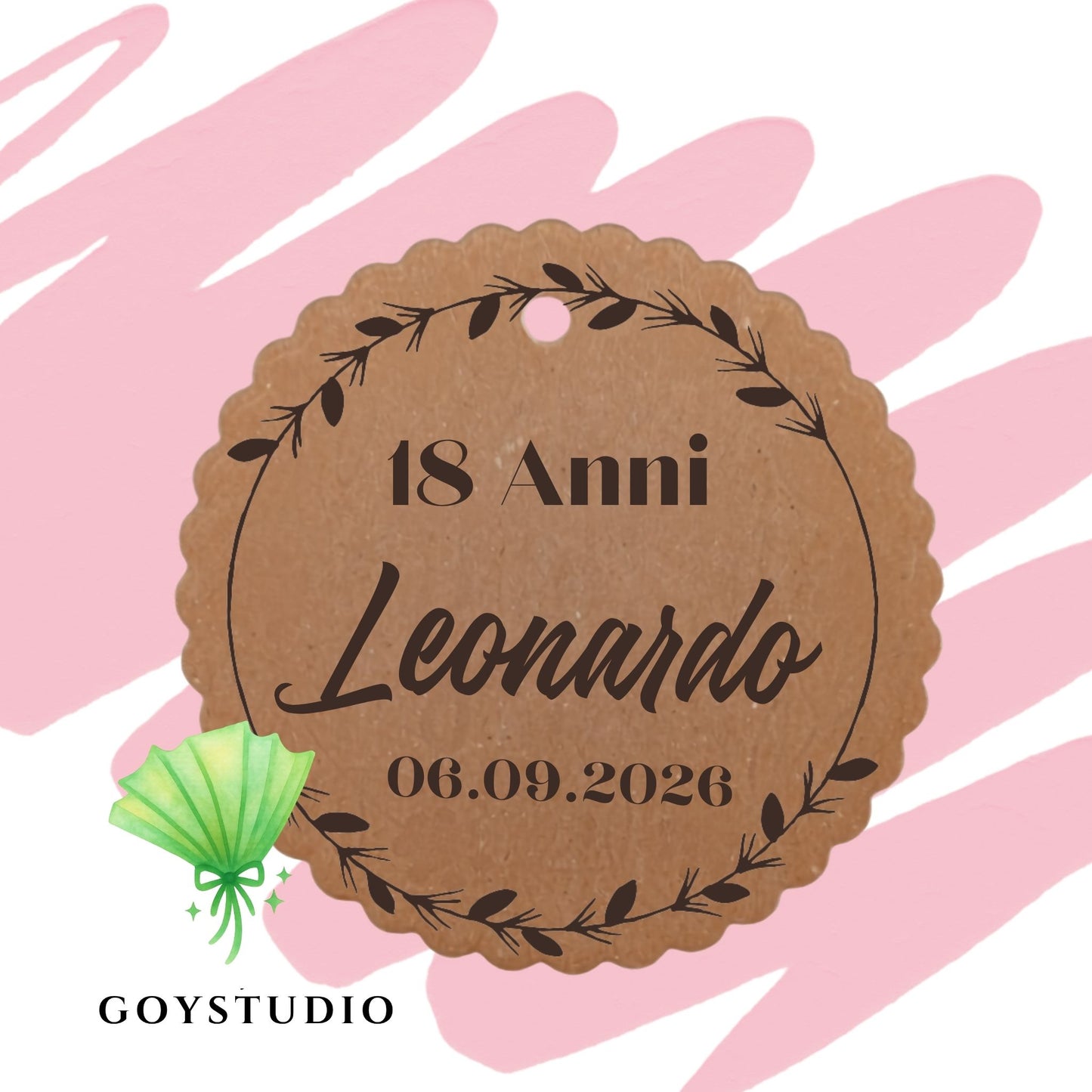 Set tag bomboniera 18 anni in cartoncino kraft con design floreale dedicato Leonardo