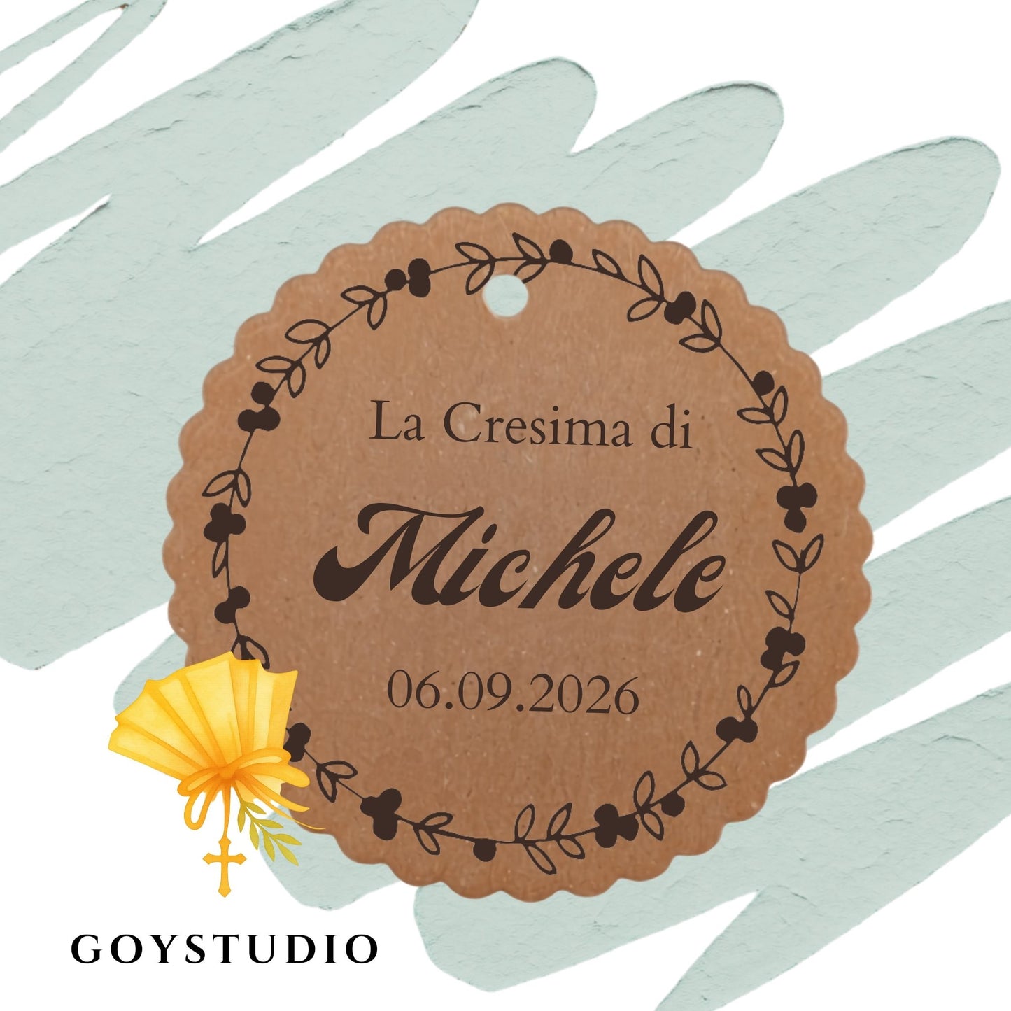 Set tag bomboniera santa cresima in cartoncino kraft con design floreale dedicato