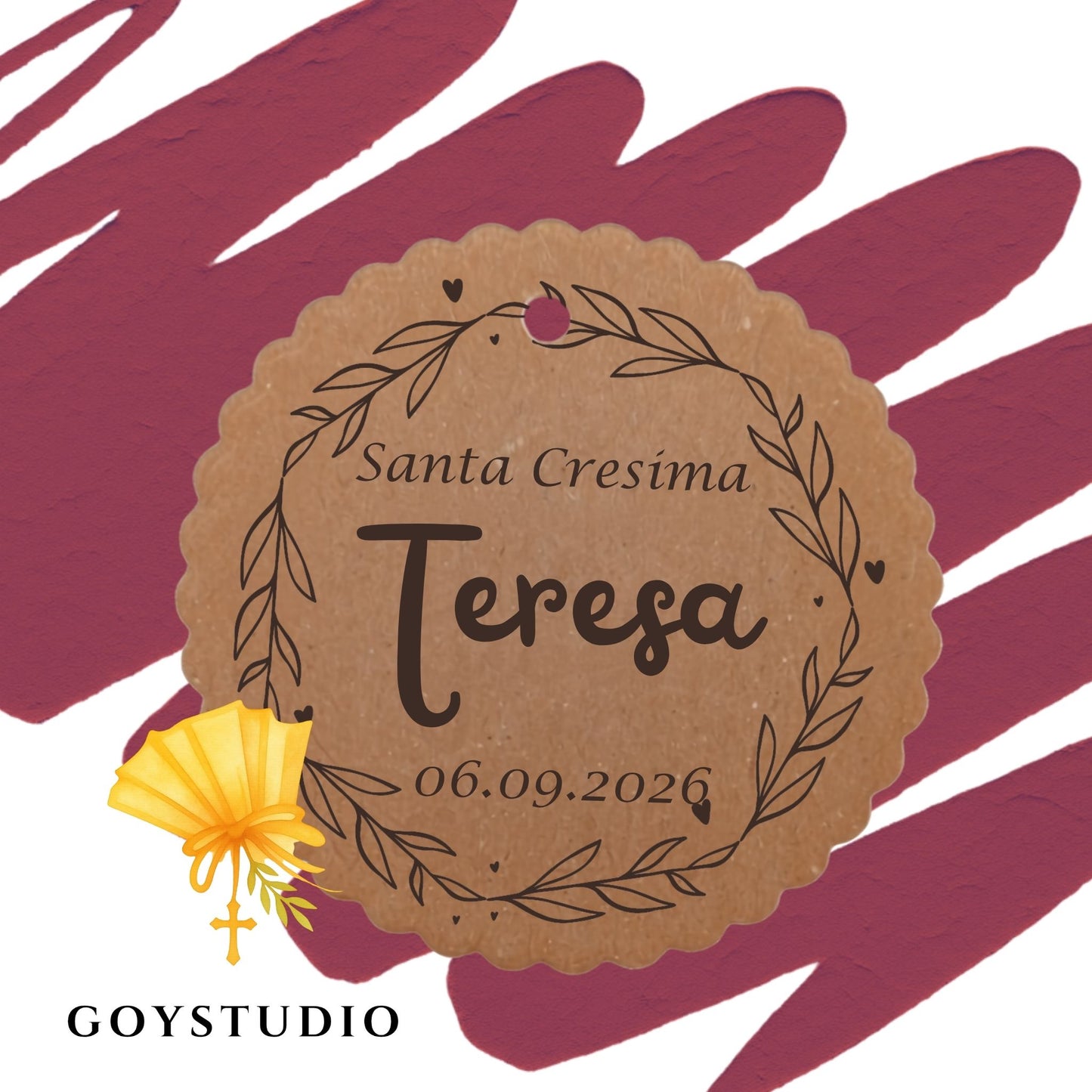 Tag bomboniera cresima in cartoncino kraft tondo con coroncina botanica e nome