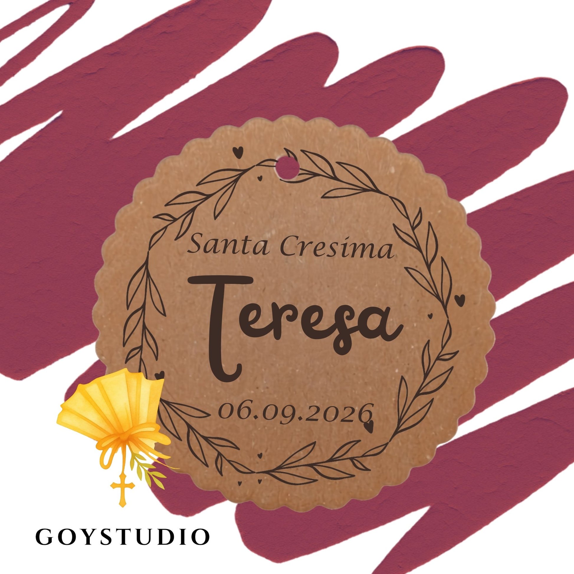 Tag bomboniera cresima in cartoncino kraft tondo con coroncina botanica e nome