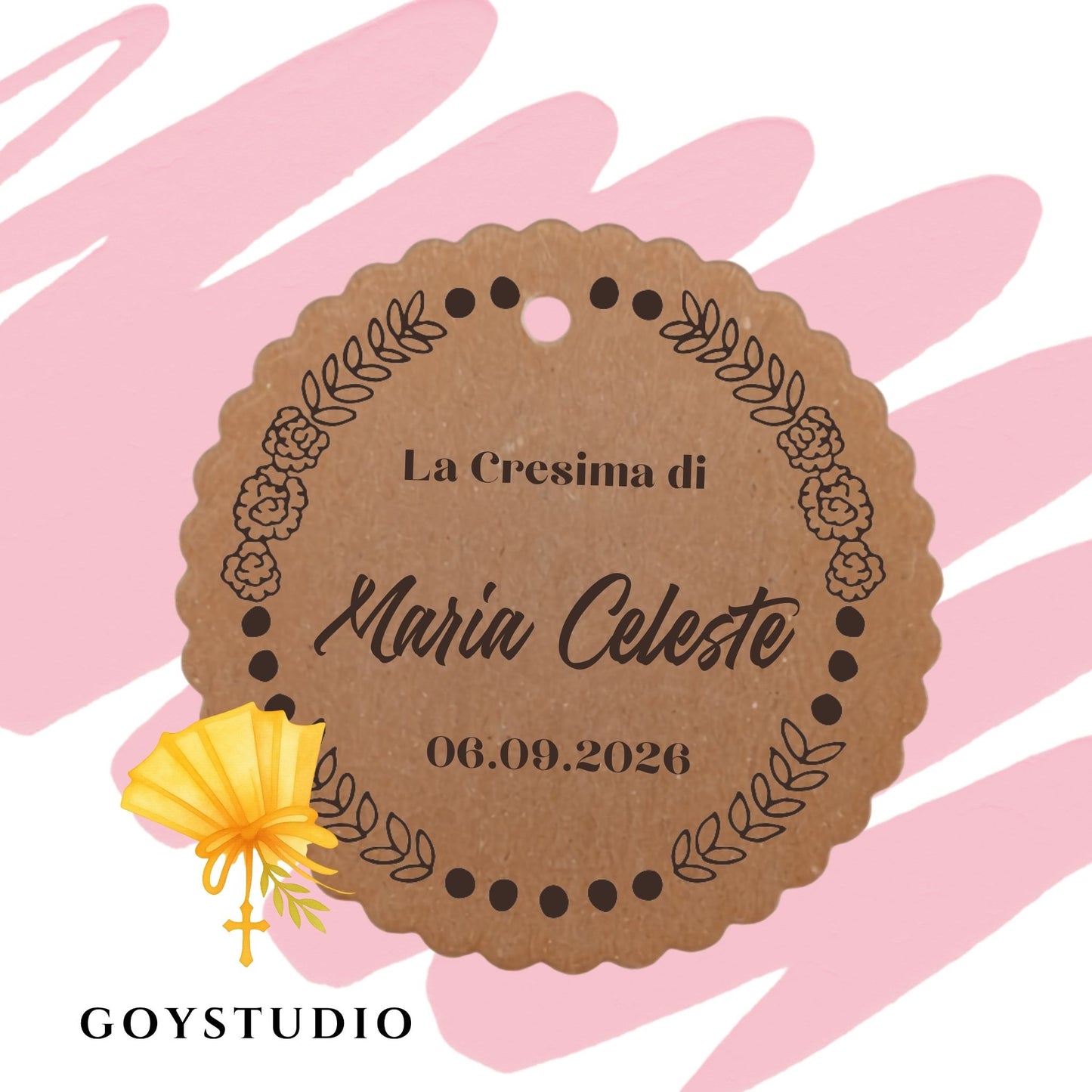 Tag chiudipacco kraft rustico con grafiche botaniche uniche per cresima