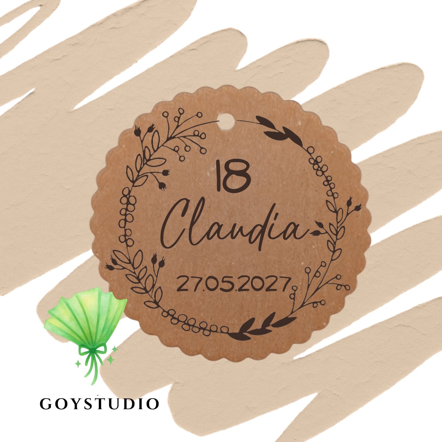 Tag chiudipacco kraft rustico con grafiche botaniche uniche per diciottesimo Claudia