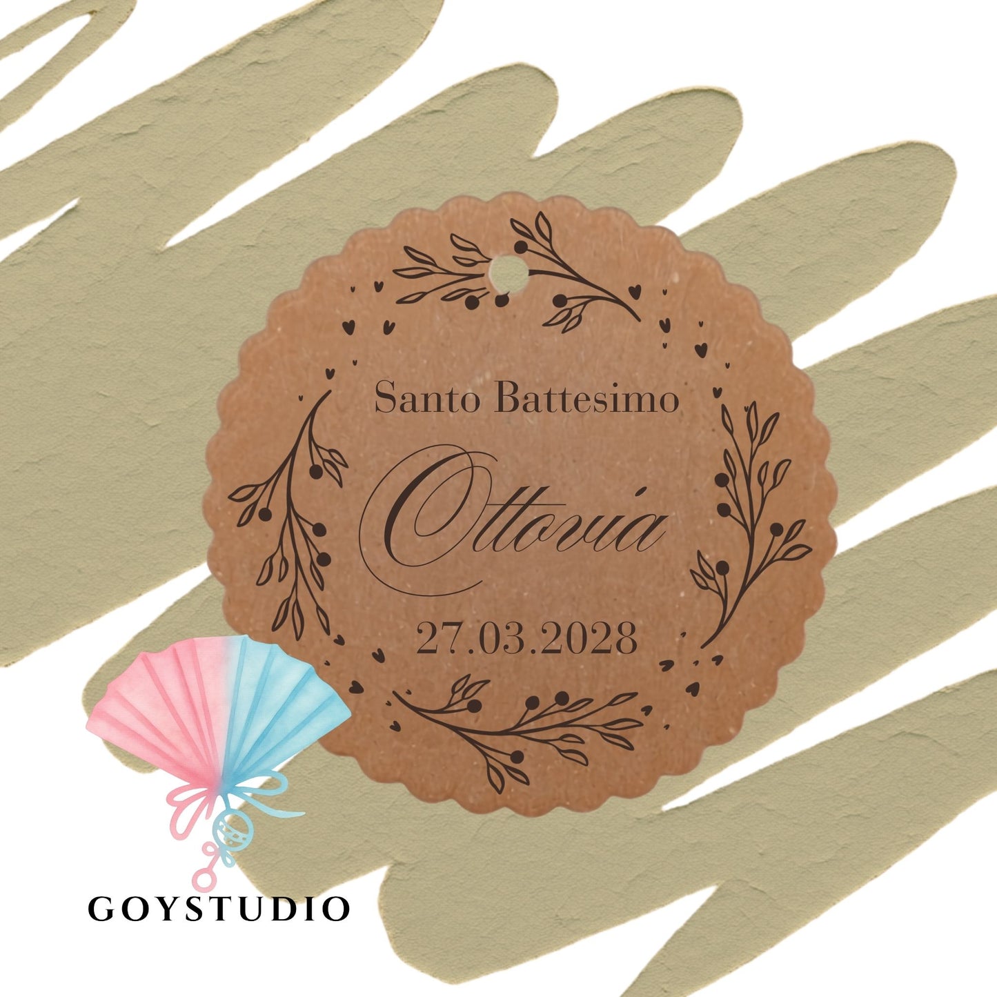 Tag personalizzati in cartoncino kraft ecologico per festa di battesimo