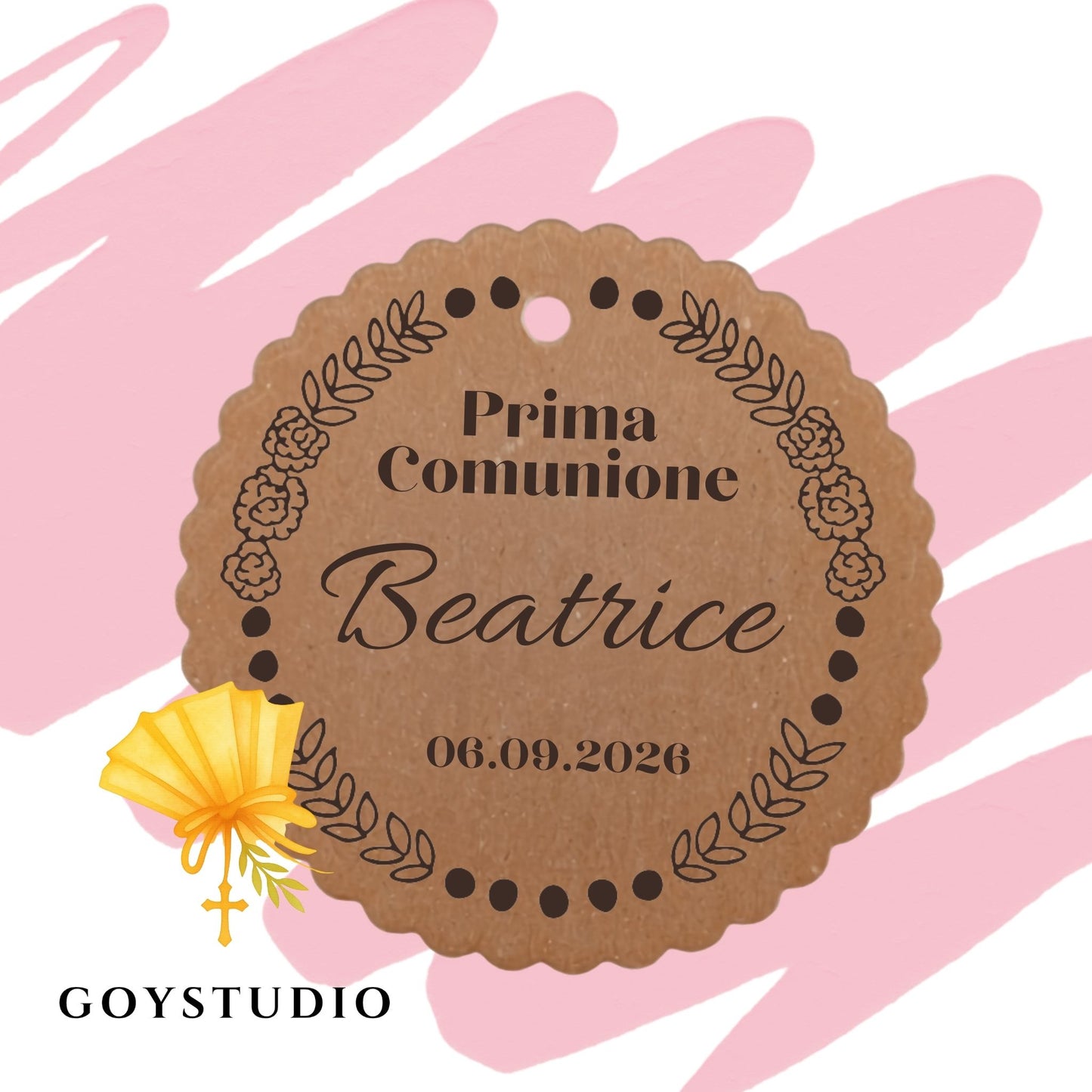 Set tag bomboniera prima comunione in cartoncino kraft con grafica dedicata