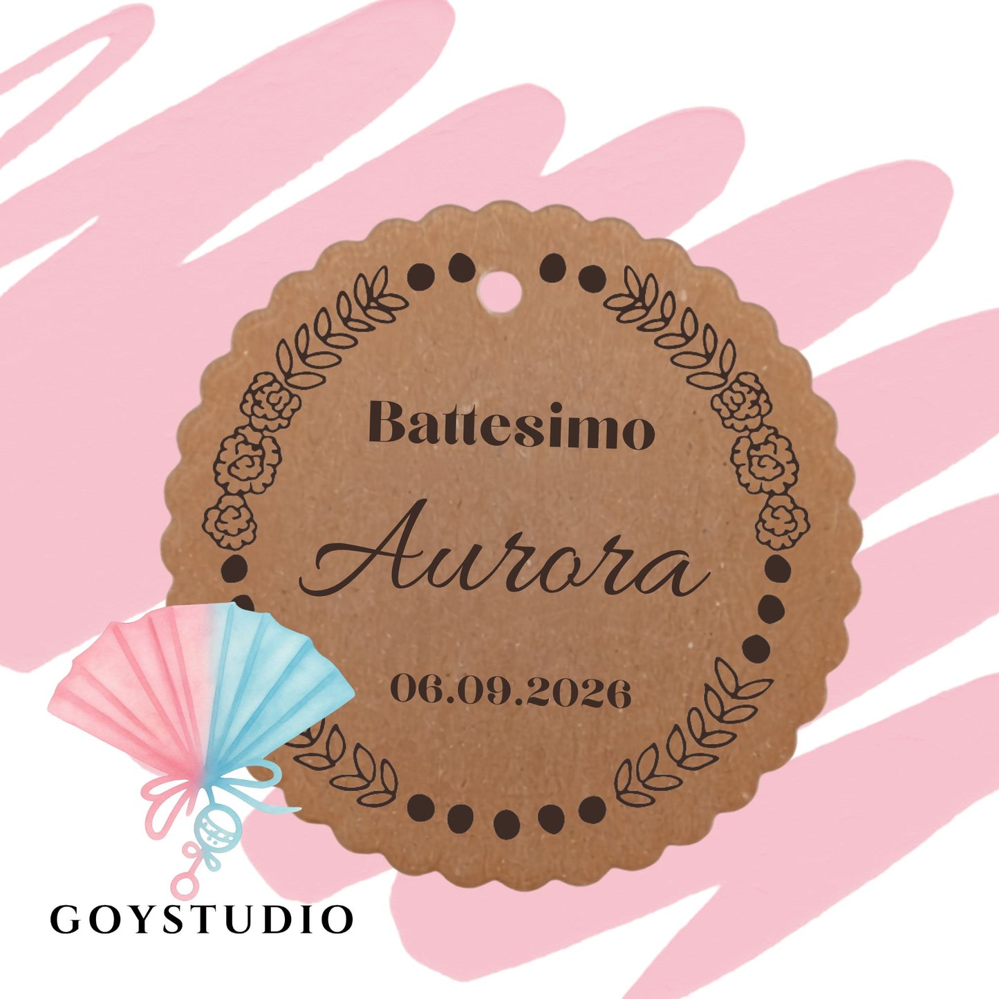 Tag chiudipacco kraft con bordo festonato per confetti battesimo