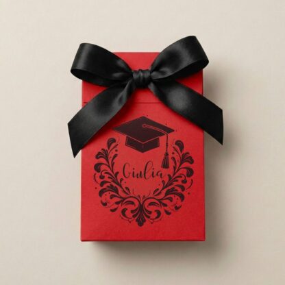 bomboniera laurea in cartoncino rosso con fiocco raso nero. stampa elegante con tocco di laurea e nome del laureando.