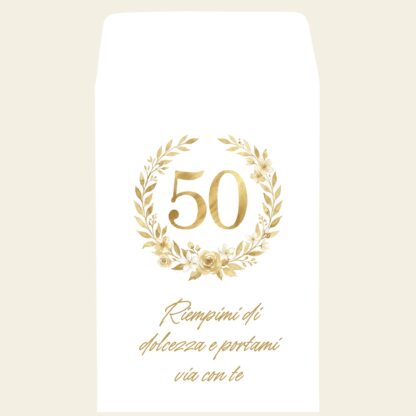 sacchetto bianco con stampa del numero 50 in una coroncina di fiori con frase personalizzata colore bianco e oro