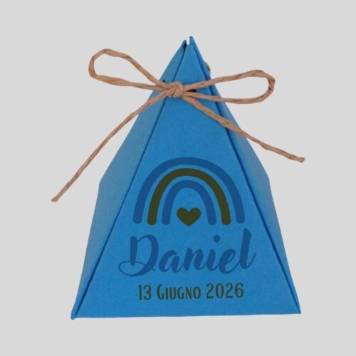 Scatolina portaconfetti battesimo bambino arcobaleno blu con nome Daniel personalizzato
