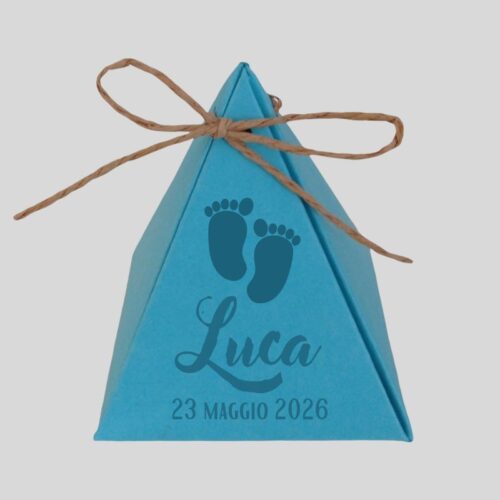 Portaconfetti piramide turchese nascita personalizzato con piedini e nome Luca