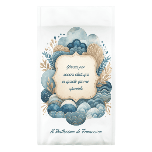 Sacchetto personalizzato battesimo bluette e naturale