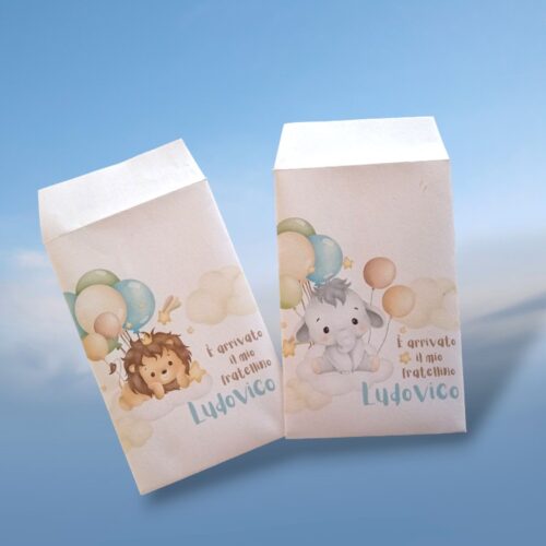 sacchetto bianco con stampa personalizzata per nascita e battesimo con leone e palloncini