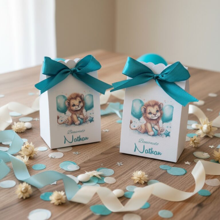 scatolina per confetti bianca o avorio con leoncino stampato nome bambino e fiocco verde smeraldo