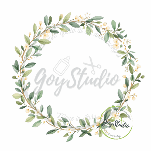 Coroncina eucalipto digitale con foglie verdi e fiori bianchi per matrimonio botanico
