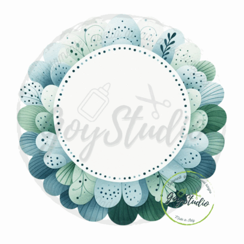 ornice verde azzurra grafica digitale circolare petali smerlati matrimonio battesimo design elegante