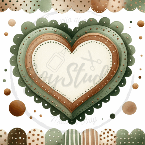 grafica digitale cuore vintage clipart matrimonio elegante cornice scalloped verde marrone