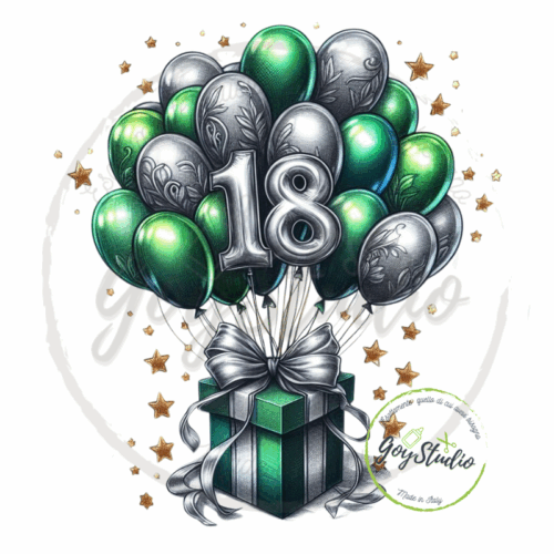 Grafica digitale 18 anni maschio con palloncini verdi e argento, numero diciotto e regalo con fiocco