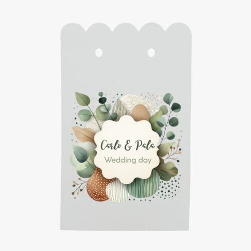 portaconfetti verde foglie eucalipto con nomi sposi